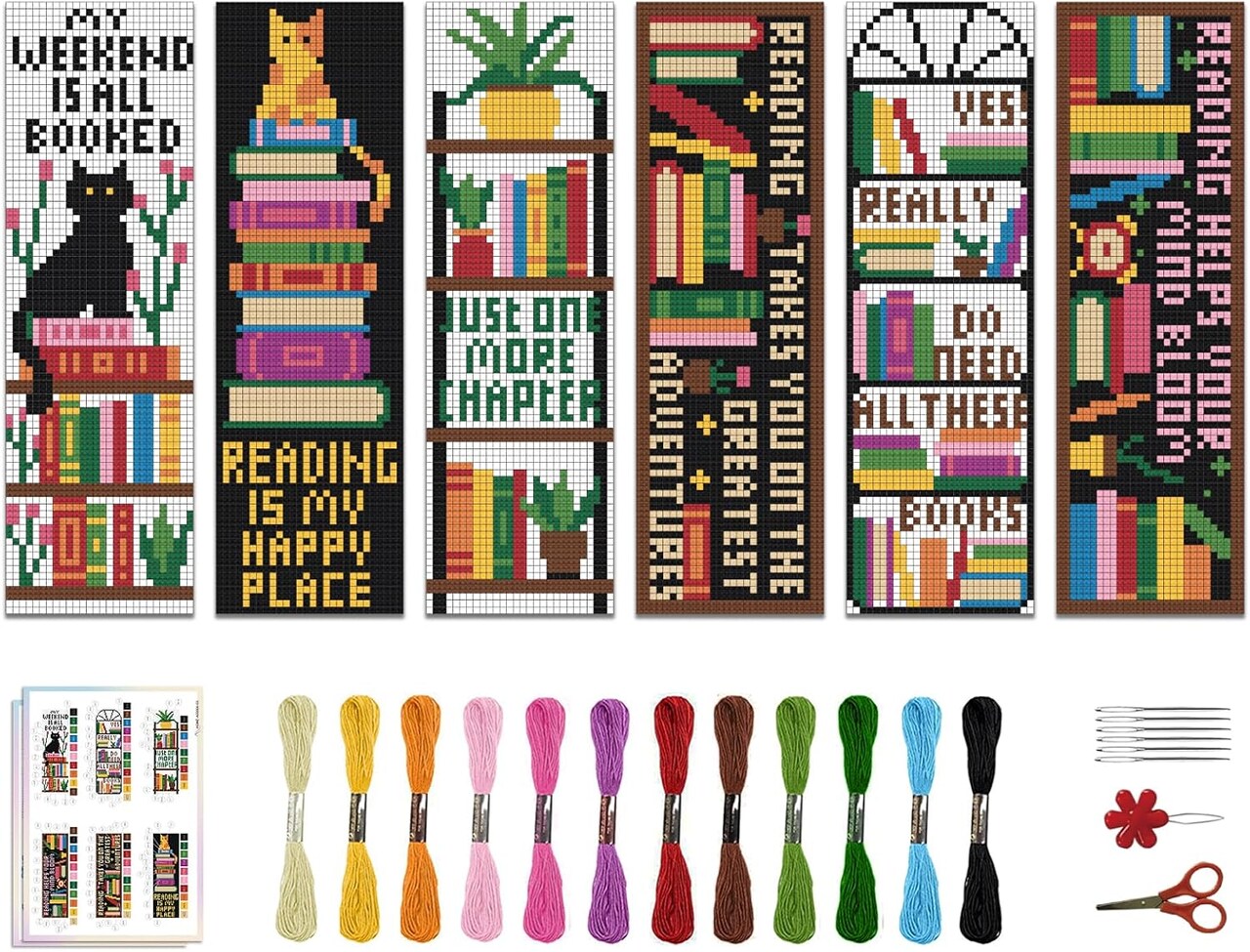 6PCS Cross Stitch Bookmark Kits – Beginner-Friendly Counted DIY Stamped Embroidery with Words Patterns, Threads & Needles, Handcrafted Bookmarks for Adults, Gifts & Crafts